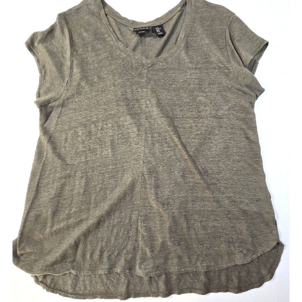 Tahari Womens XL Green V-Neck Short Sleeve 100% Knit Top Tshirt Split Hem